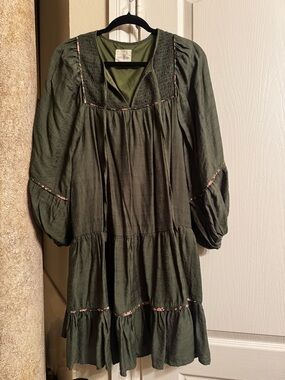 Olive Green Tiered Peasant Dress with Puff Sleeves